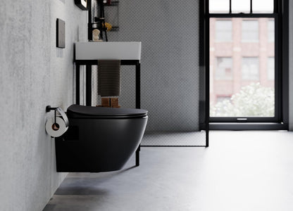 Modernes Badezimmer mit wandhängendem schwarzen WC, minimalistisches Design, Hänge-WC für leichte Reinigung, stilvolle industrielle Badgestaltung