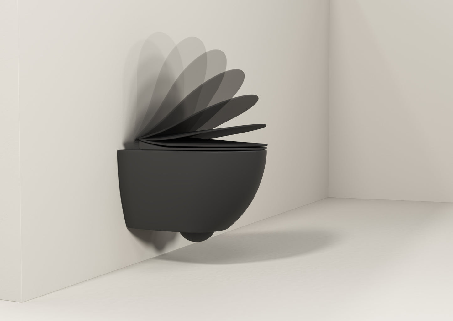 Mattschwarzes wandhängendes WC mit Soft-Close-Deckel, Darstellung der sanft schließenden WC-Sitzbewegung, modernes Hänge-WC mit leiser Absenkautomatik