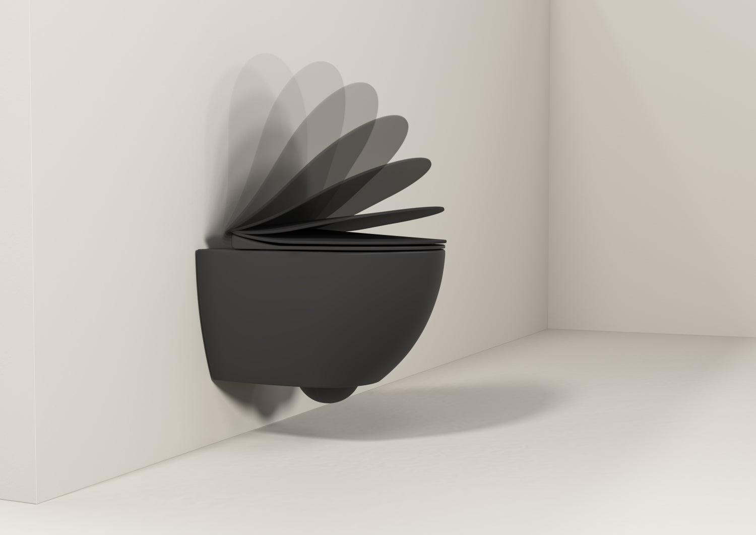 Mattschwarzes wandhängendes WC mit Soft-Close-Deckel, Darstellung der sanft schließenden WC-Sitzbewegung, modernes Hänge-WC mit leiser Absenkautomatik