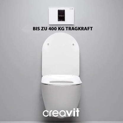 Weißes wandhängendes WC mit hoher Tragkraft bis zu 400 kg, stabil und modern gestaltet.