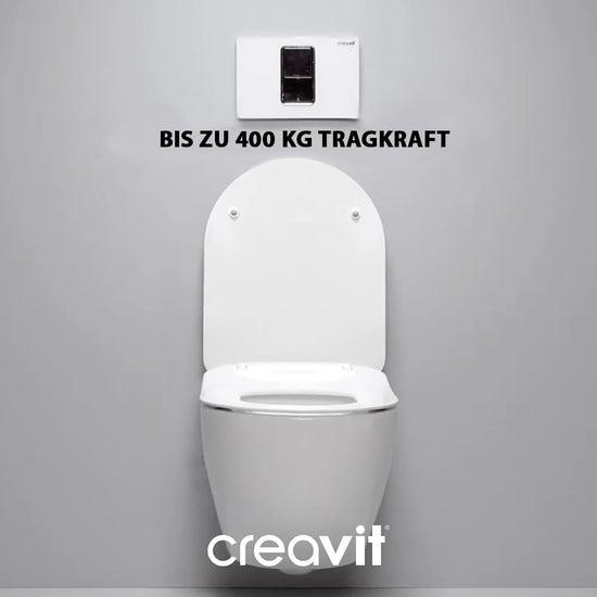 Weißes wandhängendes WC mit hoher Tragkraft bis zu 400 kg, stabil und modern gestaltet.