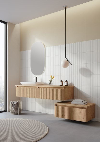 ORKA Lentia Badmöbel 100cm| Mattweiß/Matt Eiche| Keramik-Waschbecken&LED Spiegel