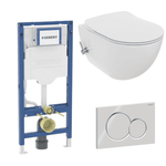 Dusch WC von Geberit mit Wandrahmen, weißem Wand-WC und Betätigungsplatte von SuVit
