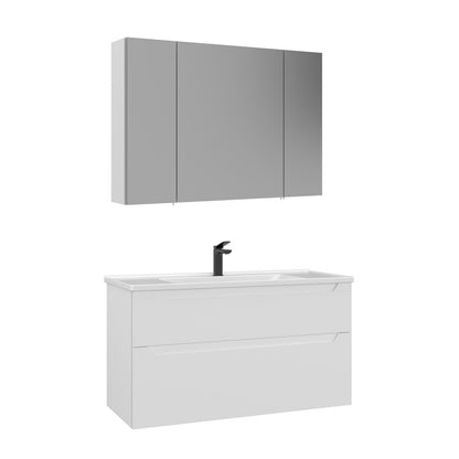 Badezimmermöbel-Set bestehend aus dreitürigem Spiegelschrank und Waschtischunterschrank mit Waschbecken.