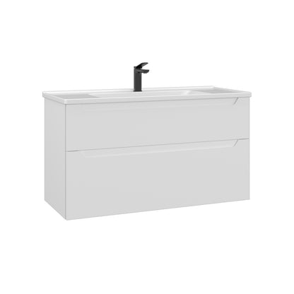 Wandhängender Waschtischunterschrank mit integriertem Waschbecken und zwei Schubladen.