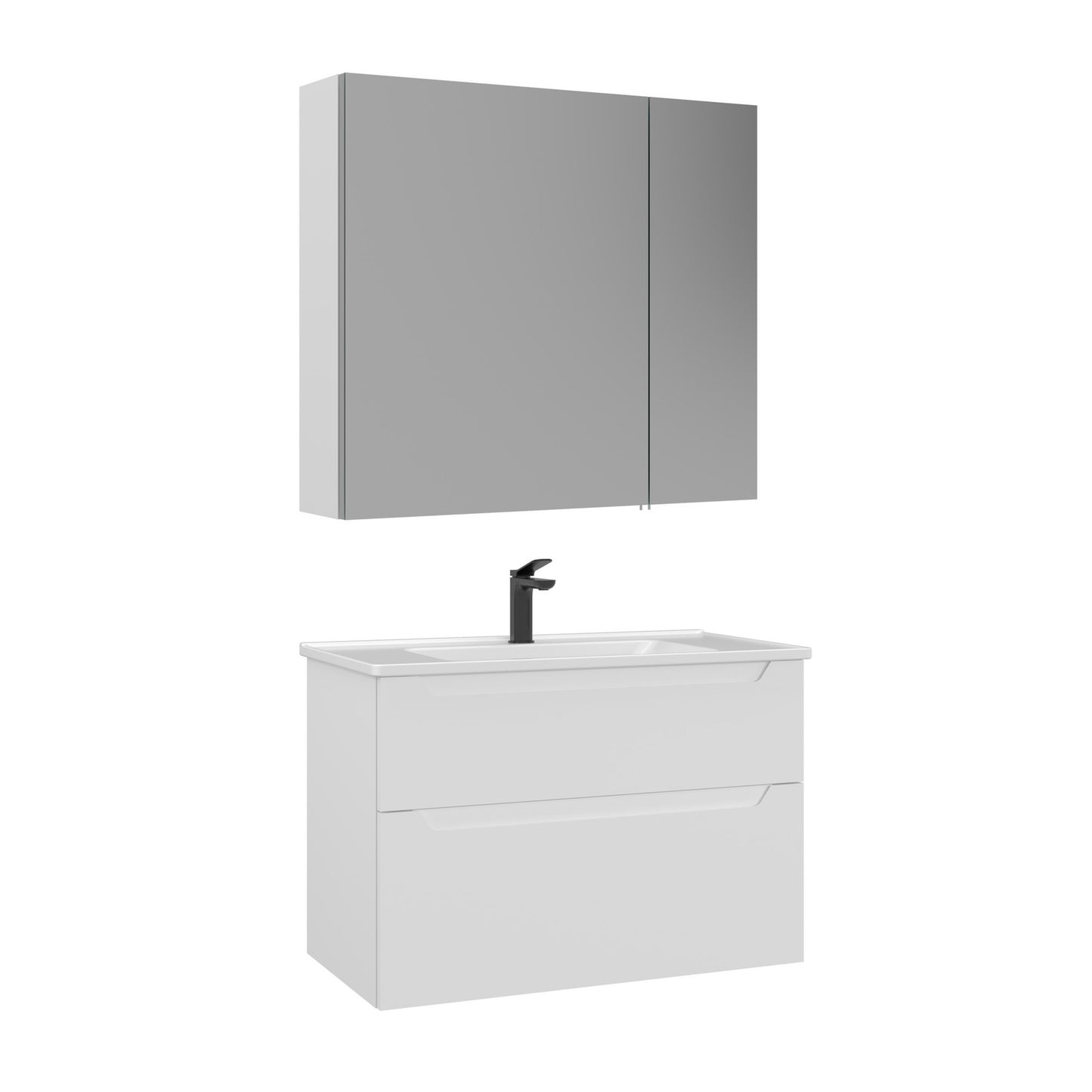 Badmöbel-Set bestehend aus Spiegelschrank und Waschtischunterschrank mit Waschbecken.