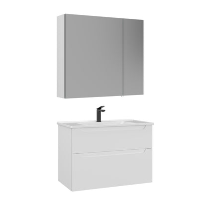 Badmöbel-Set bestehend aus Spiegelschrank und Waschtischunterschrank mit Waschbecken.