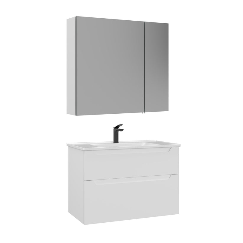 Badmöbel-Set bestehend aus Spiegelschrank und Waschtischunterschrank mit Waschbecken.