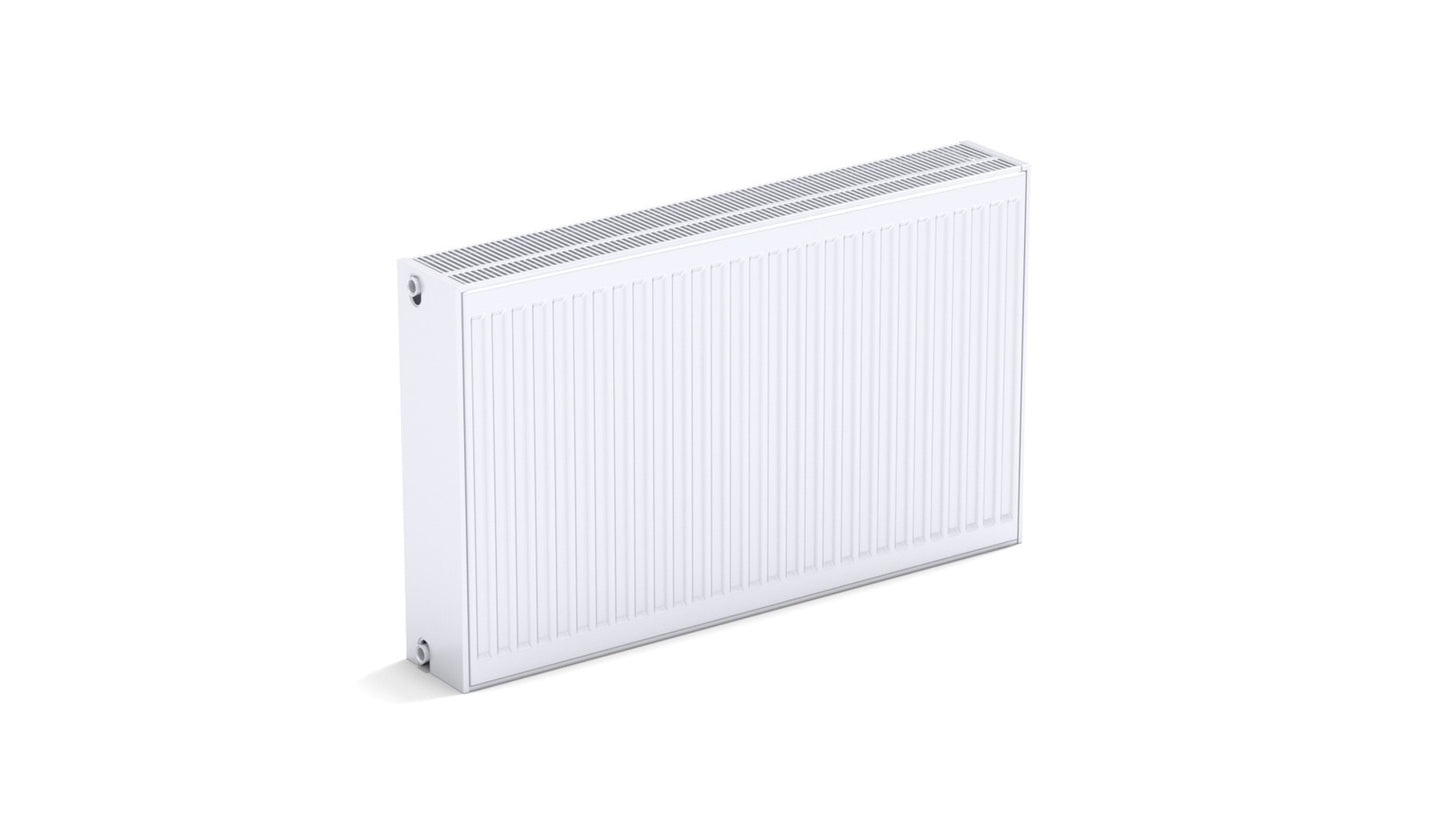 Weißer Flachheizkörper mit gerippter Front und seitlichem Anschluss.