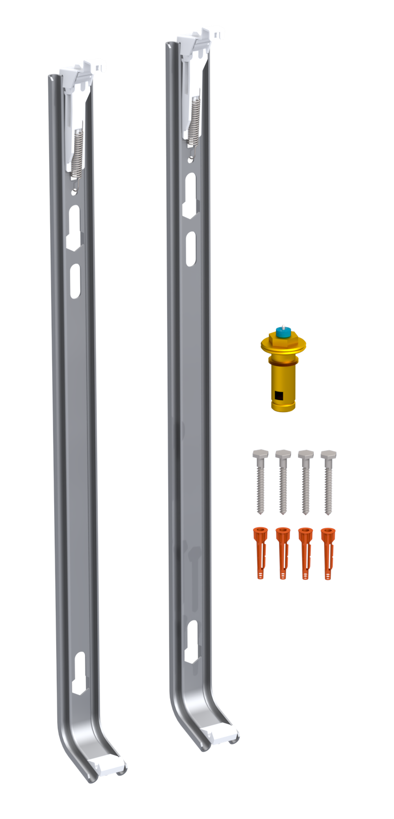Montageset für Panelheizkörper mit Wandhalterungen, Schrauben und Dübeln.