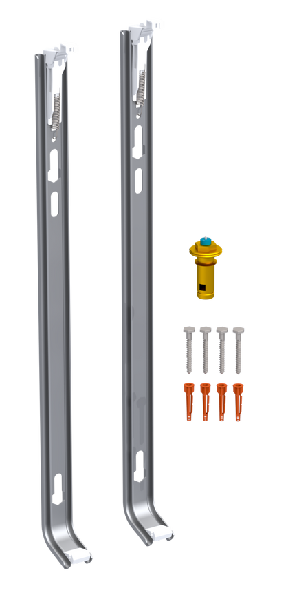 Montageset für Panelheizkörper mit Wandhalterungen, Schrauben und Dübeln.