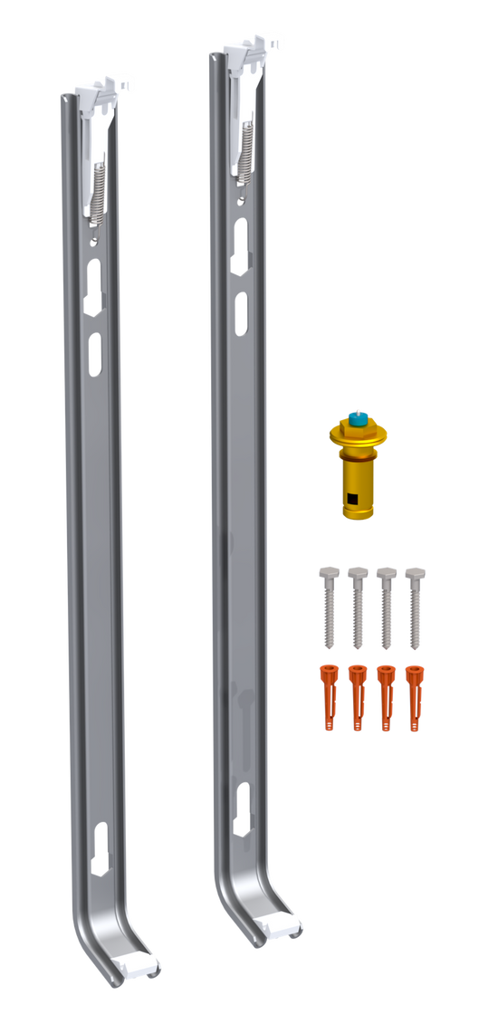 Montageset für Panelheizkörper mit Wandhalterungen, Schrauben und Dübeln.