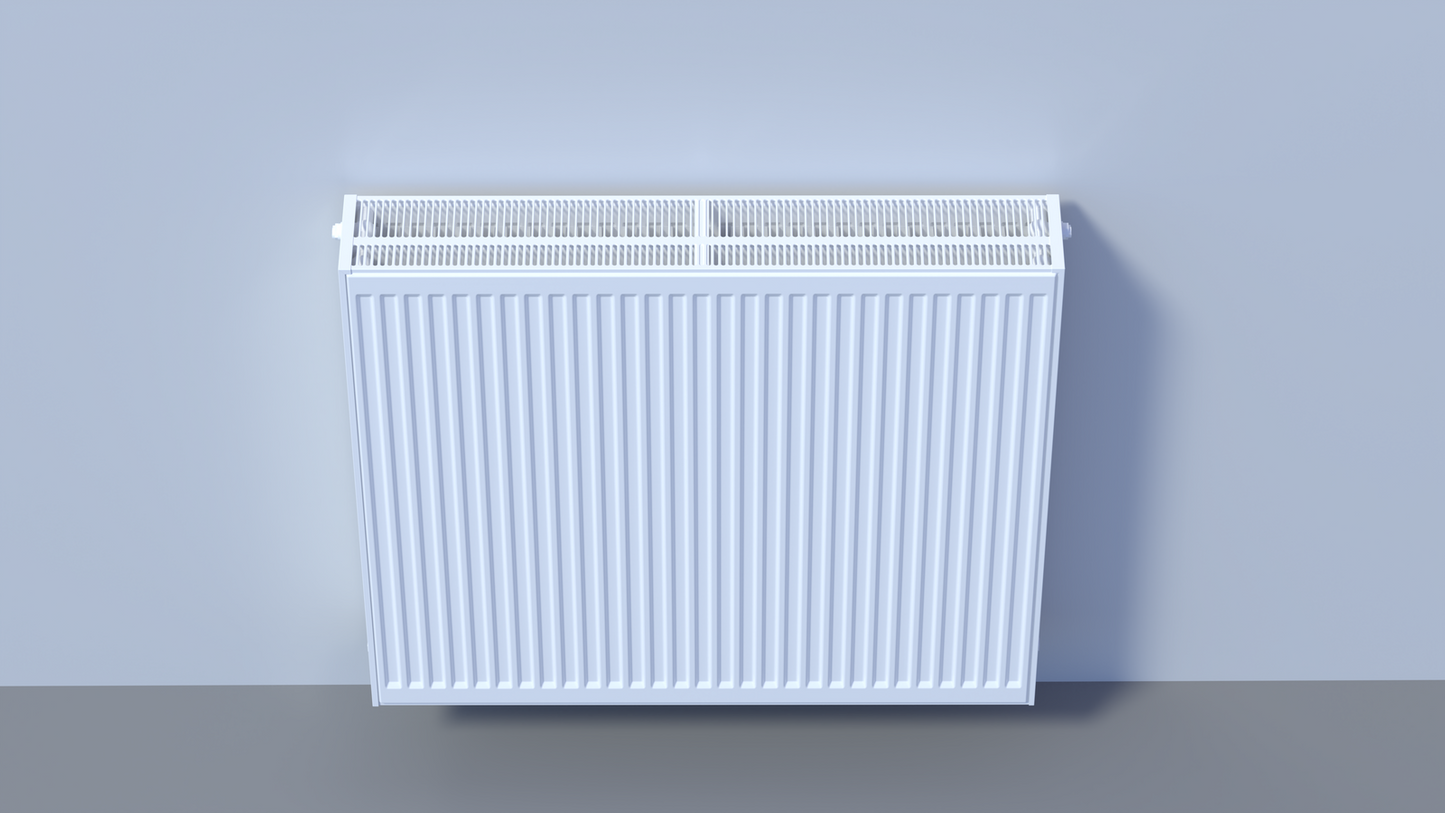 Weißer, horizontaler Panelheizkörper mit gerippter Front und oberem Lüftungsgitter.
