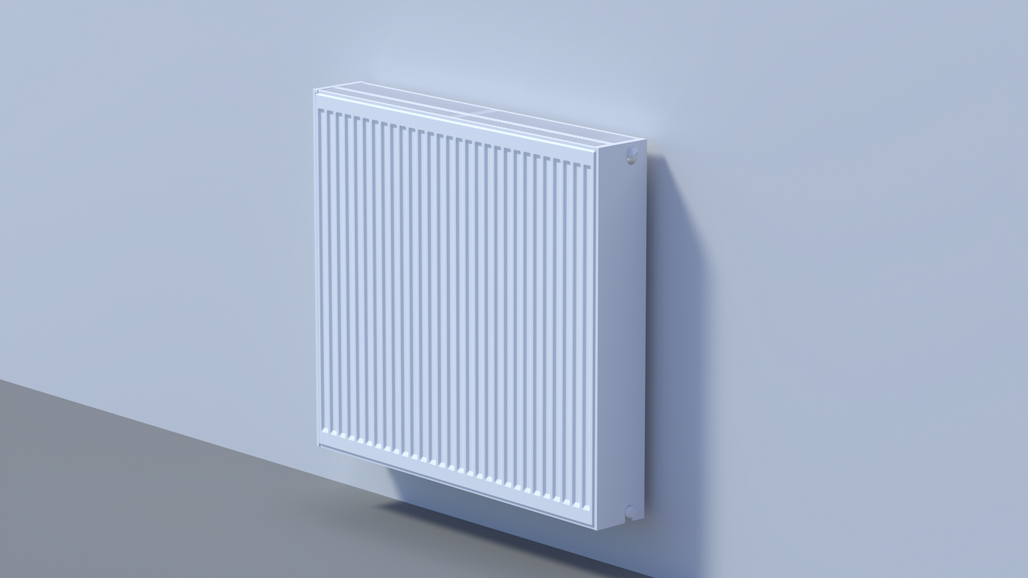 Weißer, horizontaler Panelheizkörper mit gerippter Front und oberem Lüftungsgitter.