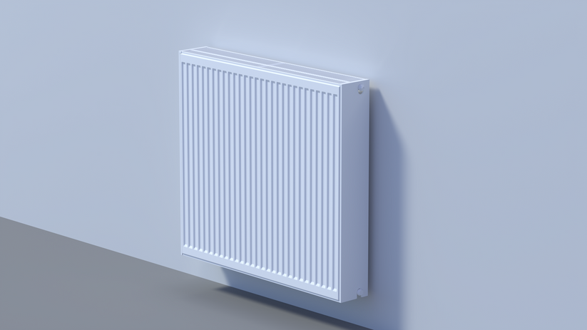 Weißer, horizontaler Panelheizkörper mit gerippter Front und oberem Lüftungsgitter.