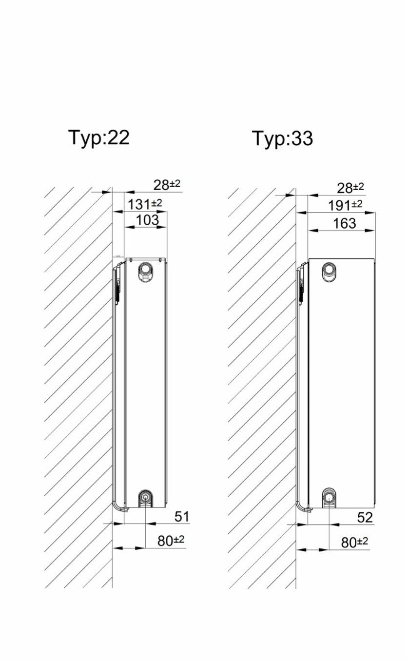 Technische Maßzeichnung eines Panelheizkörpers, Wandabstand und Bautiefe für Typ 22 und Typ 33.