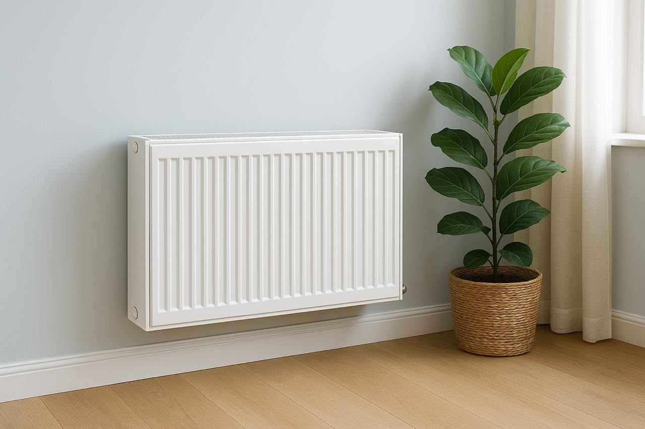 Weißer, wandmontierter Panelheizkörper mit horizontaler Ausrichtung.