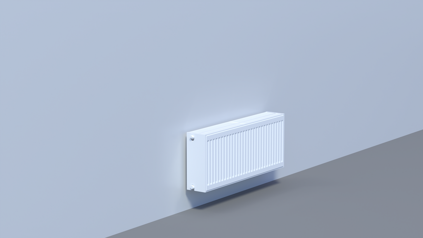 Weißer, horizontaler Panelheizkörper mit gerippter Front und oberem Lüftungsgitter.
