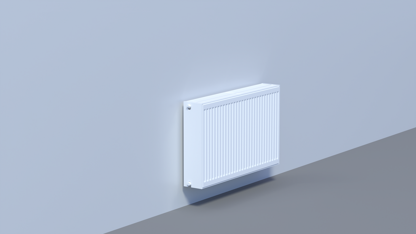 Weißer, horizontaler Panelheizkörper mit gerippter Front und oberem Lüftungsgitter.
