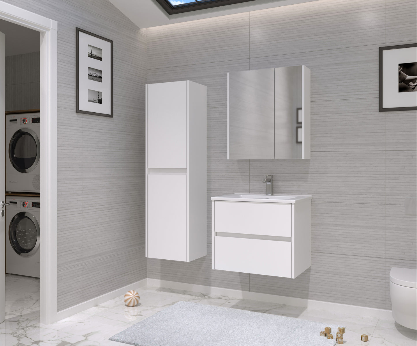 Orka Side Badmöbel Set 65 cm/85 cm Waschtisch&Keramik Waschbecken&Spiegelschrank