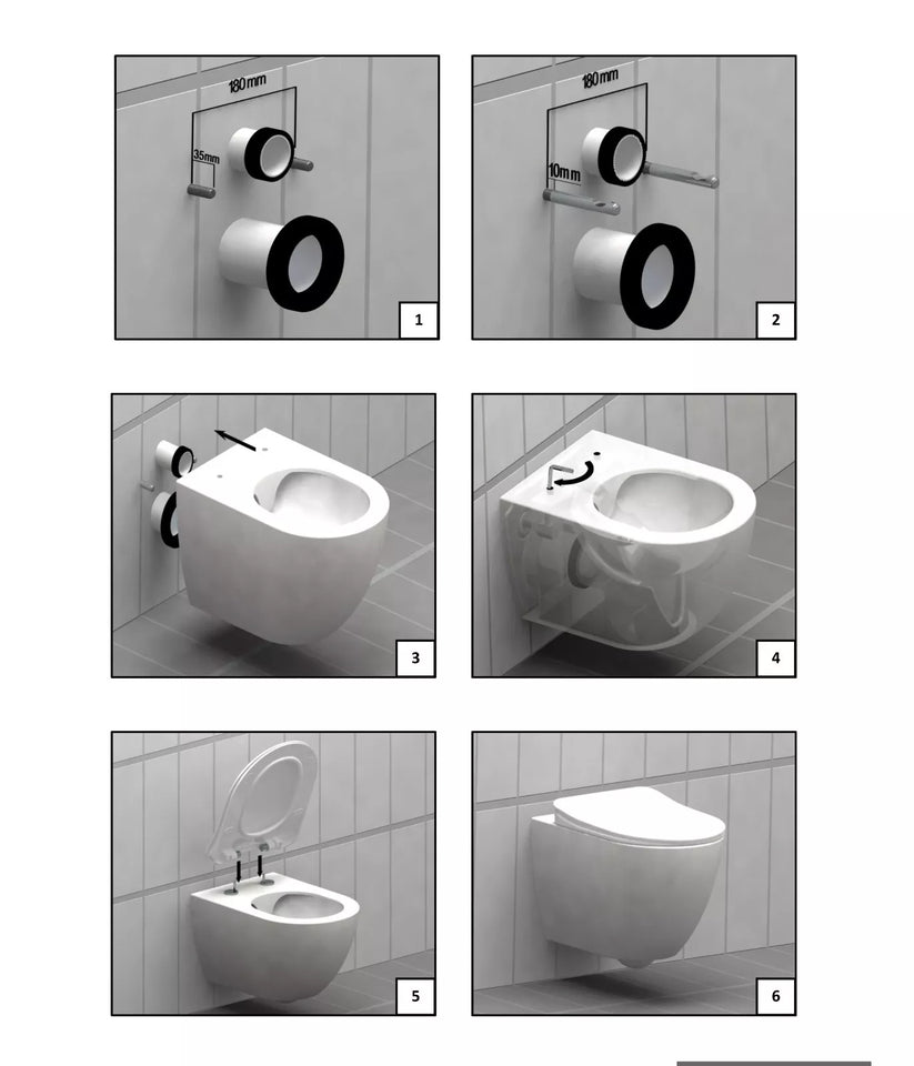 Technische Montageanleitung für ein Hänge-WC, Installationsschritte mit Maßangaben und Wandmontage-Diagramm