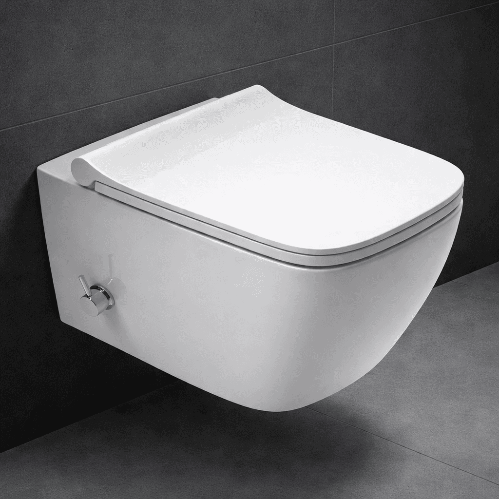 Modernes weißes wandhängendes Dusch-WC von VIBA mit minimalistischen Design und verchromtem Bedienhebel