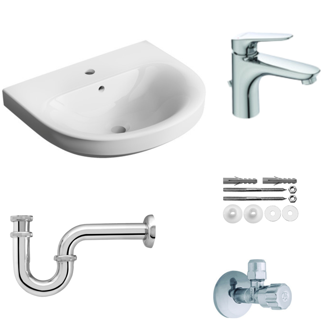 SuVit Waschbecken Set mit Chrom Wasserhahn, Siphon, Eckventil und Montagematerial für Badezimmer