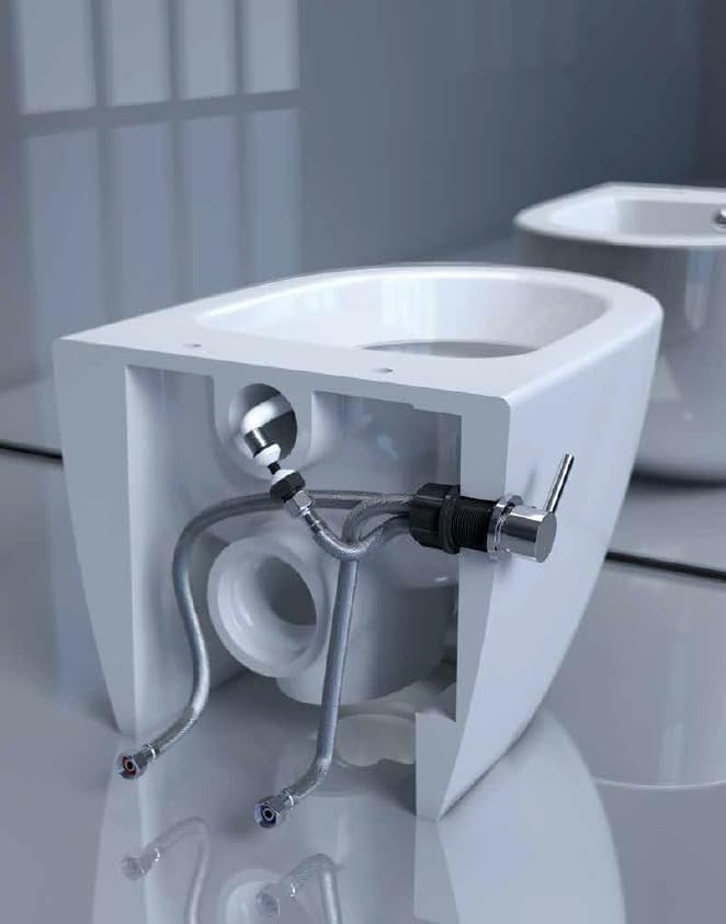 Schnittdarstellung eines wandhängenden Dusch-WCs mit integrierten Wasseranschlüssen