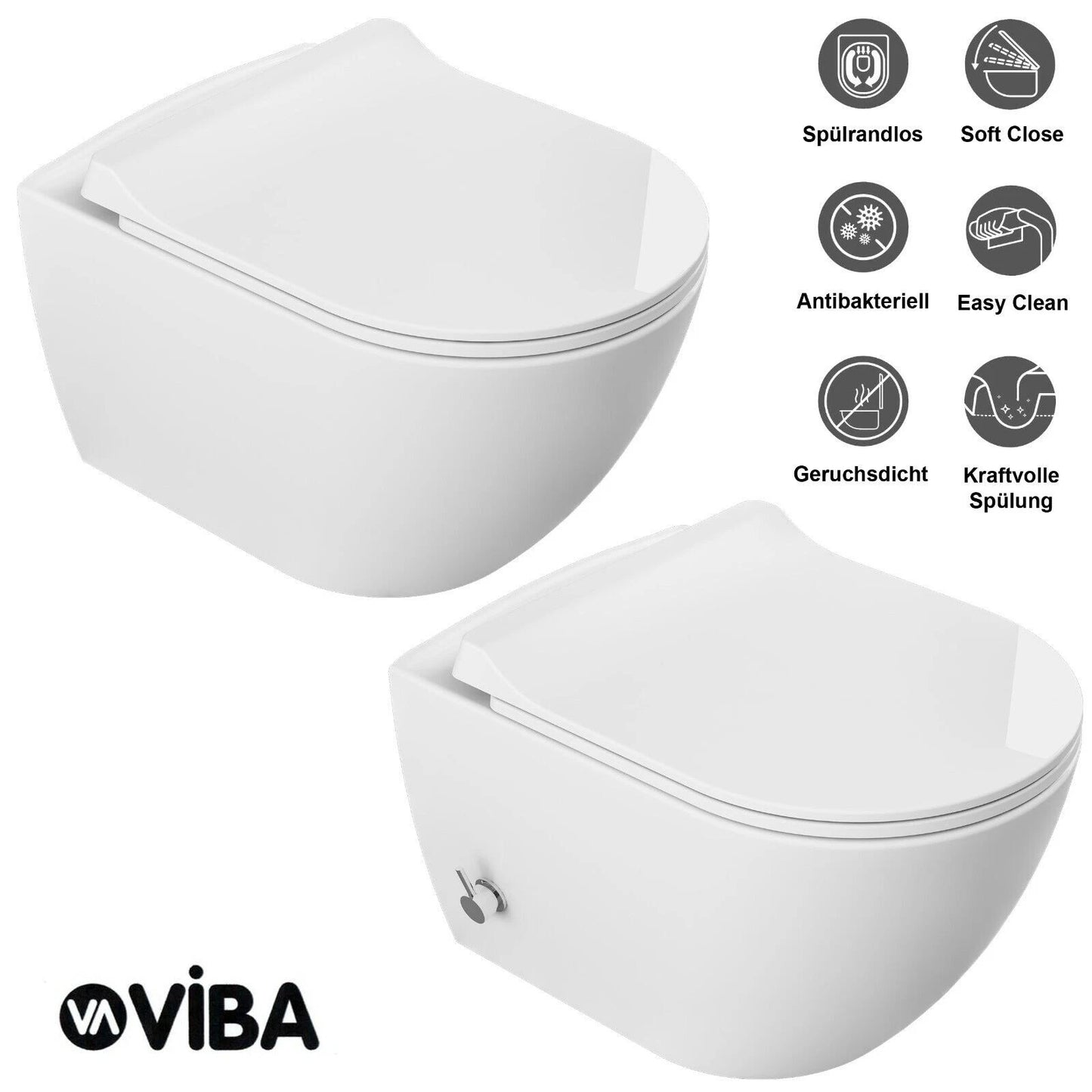 VIBA spülrandloses Wand-WC mit Soft-Close-Sitz, antibakterieller Oberfläche, geruchsdichter Technik und kraftvoller Spülung in modernem, weißem Design