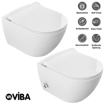 VIBA spülrandloses Wand-WC mit Soft-Close-Sitz, antibakterieller Oberfläche, geruchsdichter Technik und kraftvoller Spülung in modernem, weißem Design