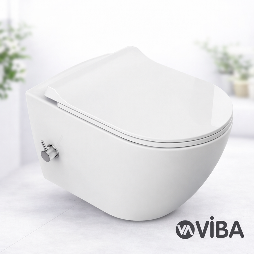 Weißes wandhängendes Dusch-WC in modernem Badezimmer, seitliche Ansicht