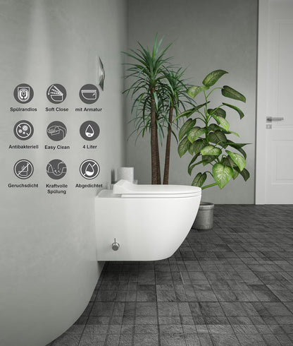 Weißes wandhängendes Dusch-WC in modernem Badezimmer, seitliche Ansicht