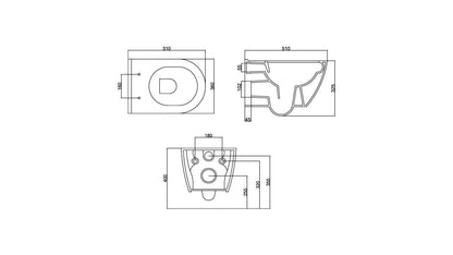 Technische Maßzeichnung eines wandhängenden Dusch-WCs mit Abmessungen und Montagepunkten