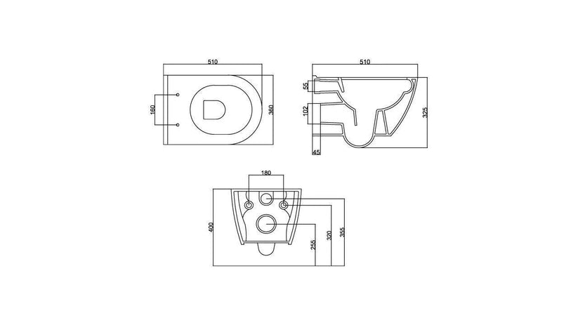 Technische Maßzeichnung eines wandhängenden Dusch-WCs mit Abmessungen und Montagepunkten