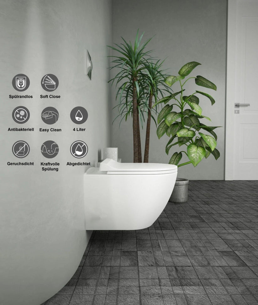 VIBA spülrandloses Wand-WC mit Soft-Close-Sitz, antibakterieller Oberfläche, 4-Liter-Spülung und kraftvoller, geruchsdichter Technik – modernes, platzsparendes Design für stilvolle Badezimmer