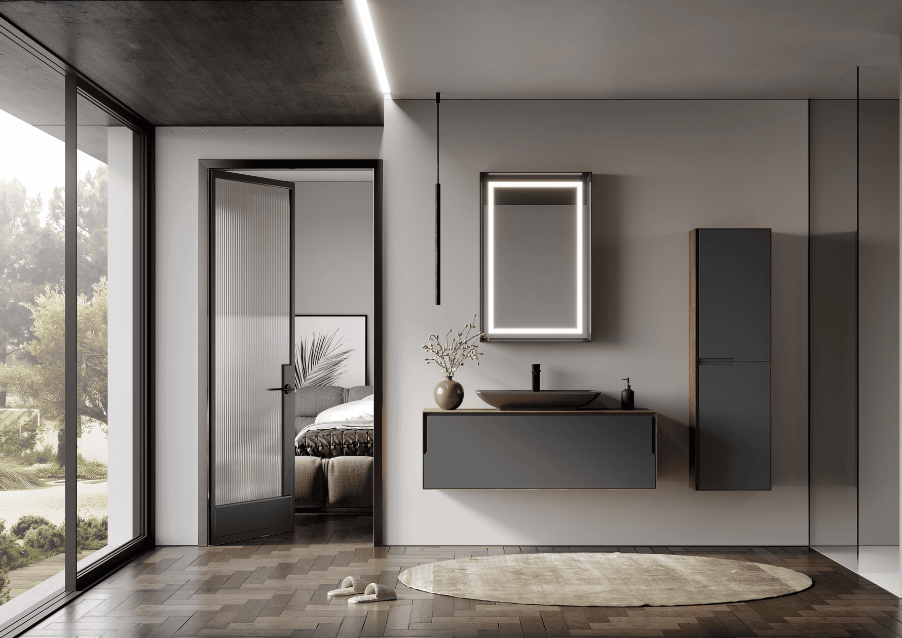 Orka Kraft Badmöbel 100/120cm | Kompaktlaminat | Keramik Waschbecken&LED-Spiegel - SuVit