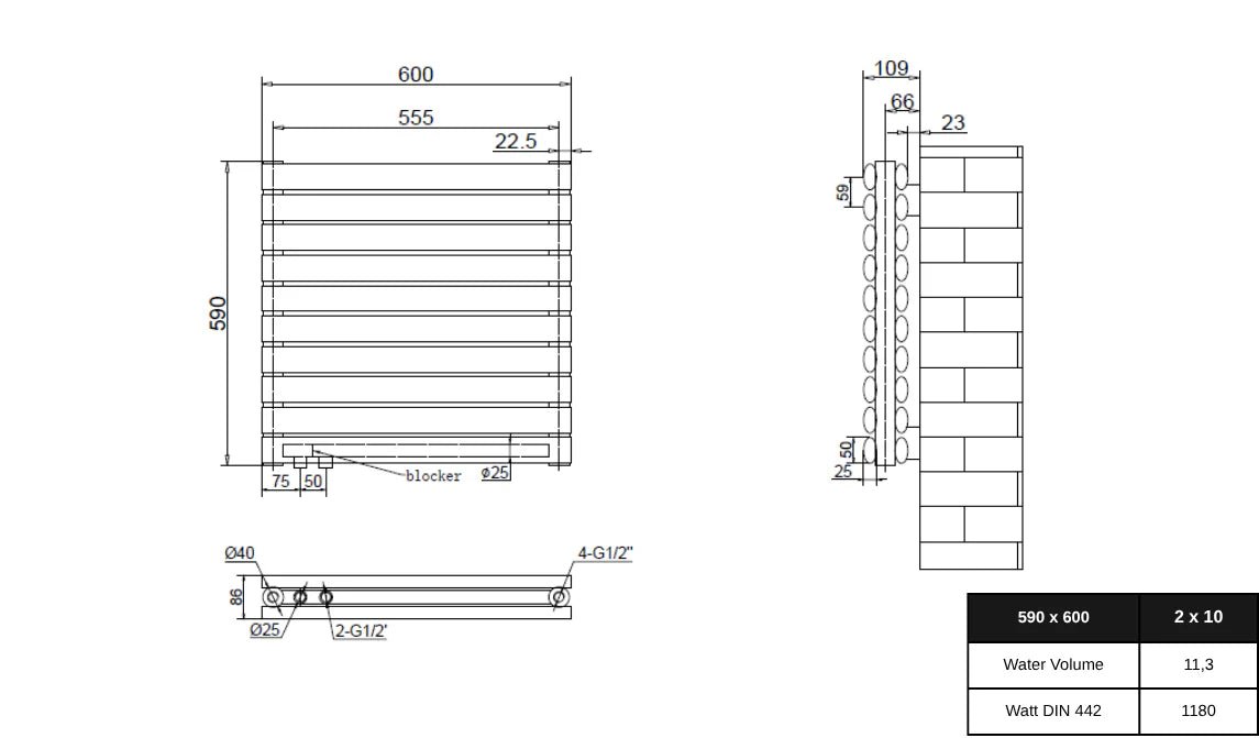 Technische Zeichnung eines horizontalen Röhrenheizkörpers in den Maßen 590 x 600 mm, mit Front- und Seitenansicht, Anschlusspositionen und detaillierten Montageabmessungen