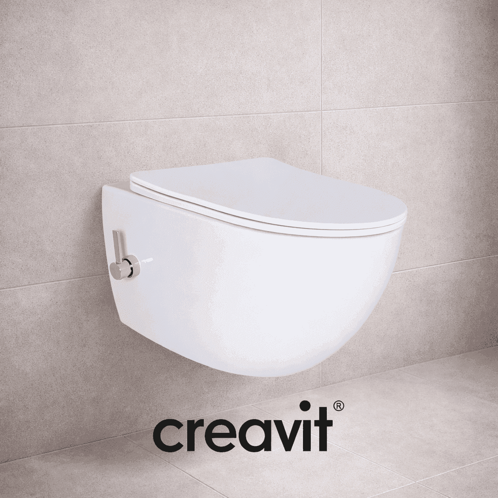 Creavit wandhängendes Dusch-WC in modernem Design mit weißem Sitz und verchromtem Spülhebel