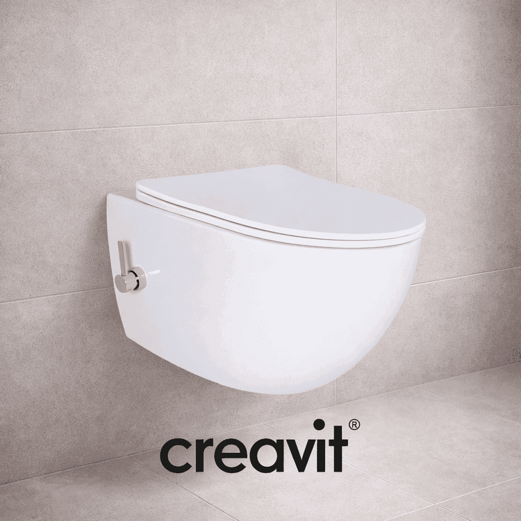 Creavit wandhängendes Dusch-WC in modernem Design mit weißem Sitz und verchromtem Spülhebel