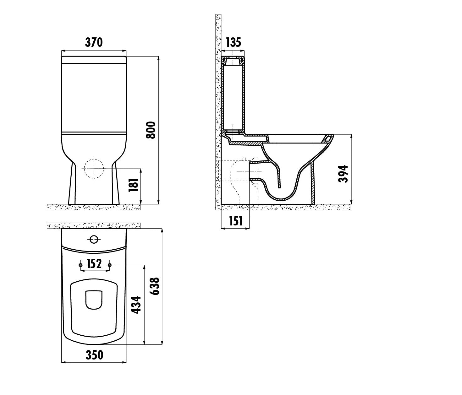 Technische Zeichnung eines SuVit Stand-Dusch-WC mit Maßen von vorn, seitlich und oben
