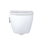 Hängendes Dusch-WC in Weiß mit Chrom-Anschluss seitlich am Gehäuse, geschlossener Deckel