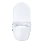 Hängendes Dusch-WC in Weiß mit geöffneter Klappe und sichtbarer Düse am Sitzbereich