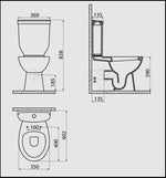 Technische Zeichnung eines Creavit stand dusch-wc mit Maßen von vorne, Seite und oben