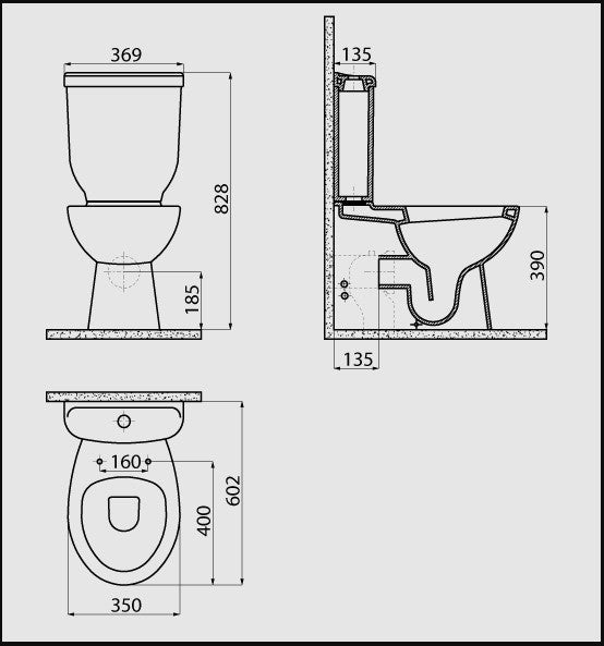 Technische Zeichnung eines Creavit stand dusch-wc mit Maßen von vorne, Seite und oben