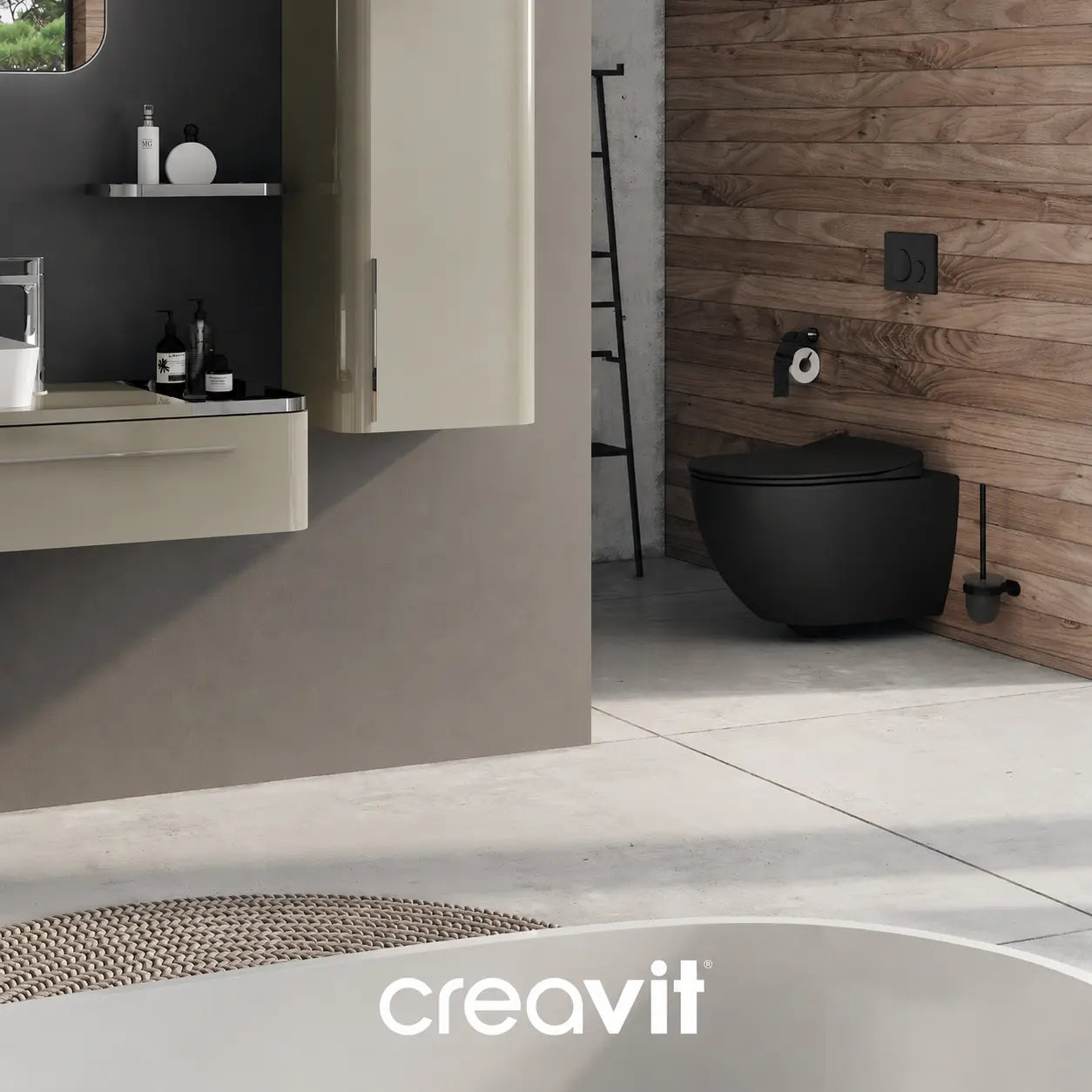 Creavit Free Hänge-Dusch-WC Tiefschwarz – Taharet spülrandlos, Edelstahl-Düse & Kaltwasser-Armatur