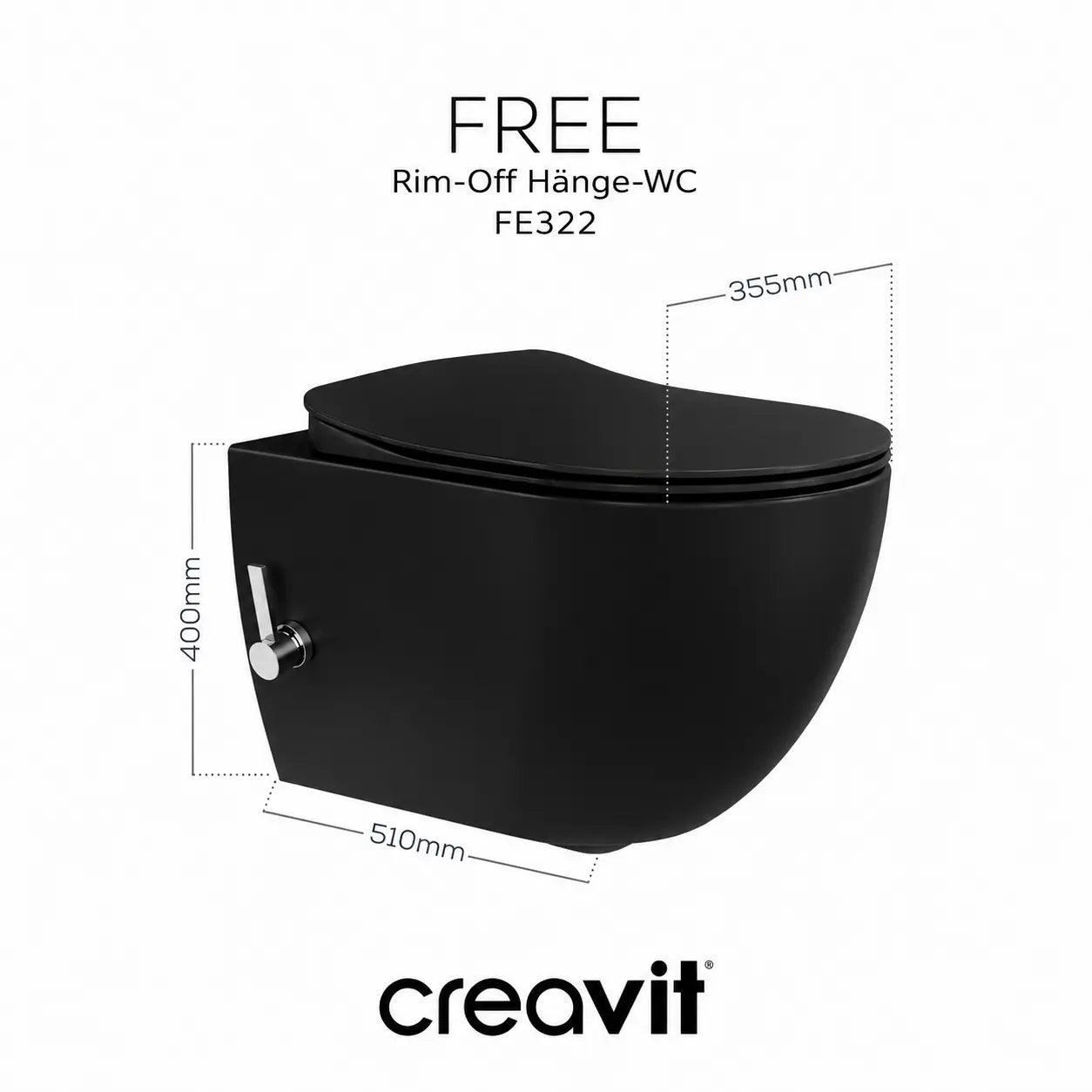 Creavit Free Hänge-Dusch-WC Tiefschwarz – Taharet spülrandlos, Edelstahl-Düse & Kaltwasser-Armatur