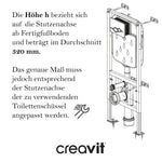 Technische Zeichnung und Beschreibung eines Creavit wc komplett-set Innenspülkastens mit Maßen und Montagehinweisen