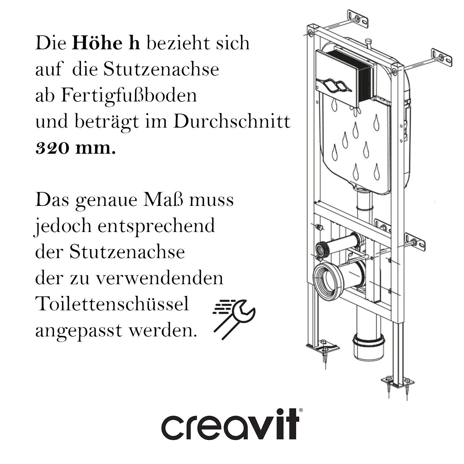 Technische Zeichnung und Beschreibung eines Creavit wc komplett-set Innenspülkastens mit Maßen und Montagehinweisen