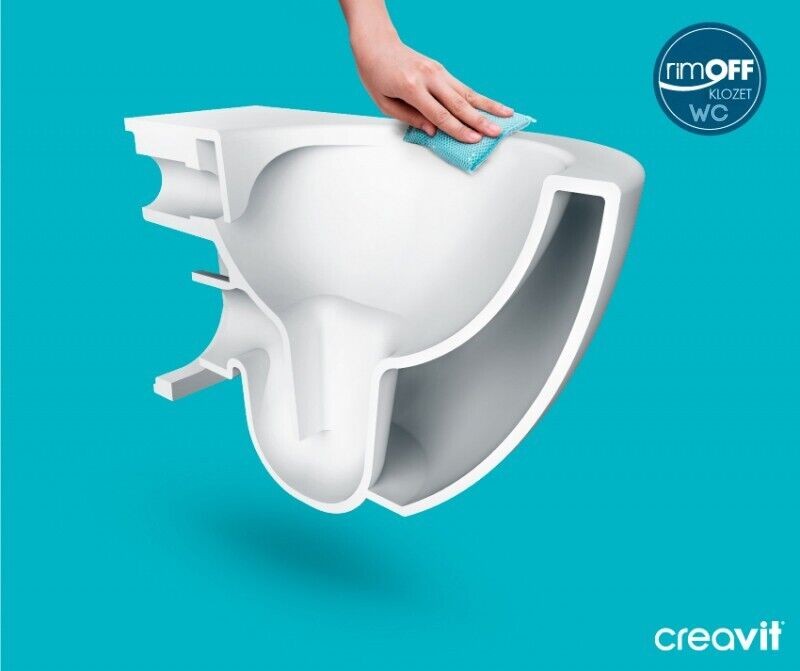 Schnittdarstellung eines wandhängenden Rim-Off WCs, einfache Reinigung per Hand, hygienisches randloses WC-Design