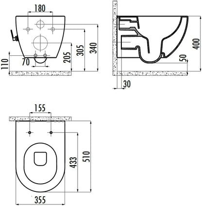 Technische Maßzeichnung eines wandhängenden WCs mit Front- und Seitenansicht sowie detaillierten Montage- und Einbaumaßen